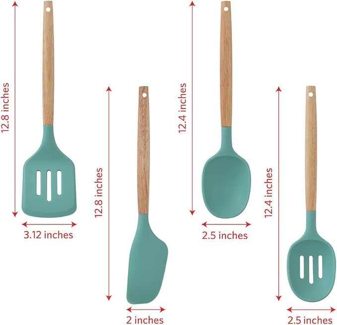 Glad Silicone Kitchen Utensils Set, 8pcs - Nonstick Cooking Tools with Wooden Handles and Utensil Holder - Spatula Set with Turner, Ladle, Spoons, Tongs, and Spaghetti Server - Teal Green