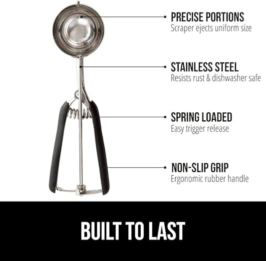 GORILLA GRIP BPA-Free Stainless Steel Cookie Scoop, 2 TBSP Scooper #40, Soft Grip Handle, Easy Food Release, Create Even Portion Sizes, Multipurpose Kitchen Melon Baller, Meatball Spring Scoops, Black