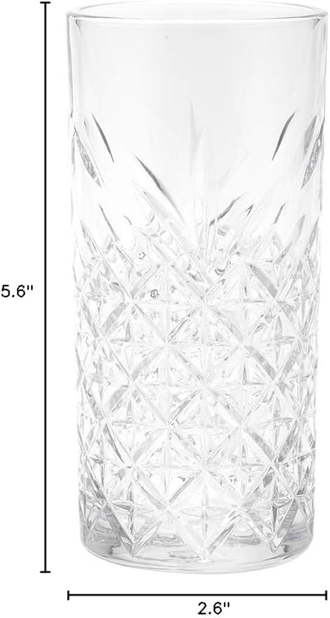 Restaurantware Timeless 10 Ounce Highball Glasses Set of 6 Etched Drinking Glasses - Dishwasher-Safe Chip-Resistant Clear Glass Water Glasses Lead-Free For Juices Or Cocktails