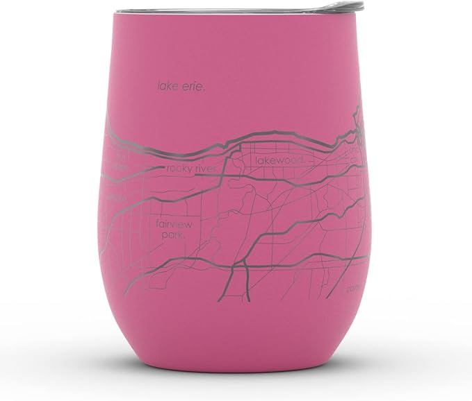 Well Told Engraved Cleveland Ohio Map Insulated Wine Tumbler, Etched Stainless Steel Cup (12 oz, Sunset Pink) City Map Insulated Tumbler, Custom Insulated Tumbler, Outdoor Drinkware