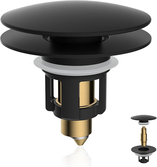 iFealClear Universal Black Bathroom Sink Stopper, Metal Pop Up Sink Drain Strainer with Hair Catcher, Fit 1.1"-2.36" US Basin, Wash Basin Drain Plug, Big Cover Cap, Brass Bounce Core, Matte Black