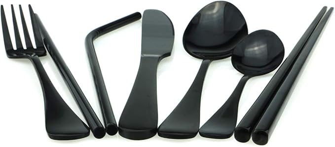 Gugrida Black Reusable Utensils with Case, Healthy & Eco-Friendly 8 Pieces Portable Stainless Steel Flatware Tableware Dinnerware Set, Portable Travel Camping Cutlery Knife Fork Spoon Straws Set