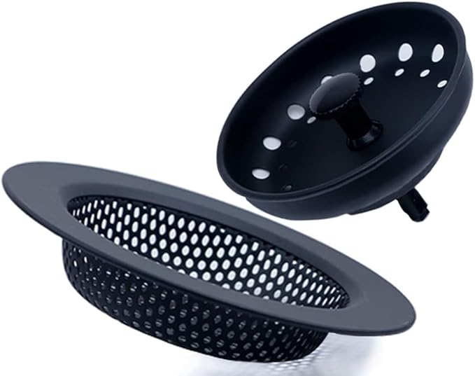 AJOMAN Kitchen Sink Drain Strainer Basket and Sink Drain Stopper, Sink Strainers for Kitchen Sink, Food Catcher(Matte Black, 4 Pieces Total)