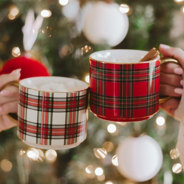 Sweet Water Decor Red Plaid Coffee Mug, 14oz China Christmas Mug with Gold Handle, Large Holiday Winter Cup for Coffee, Tea & Hot Chocolate, Stocking Stuffer Gifts for Women