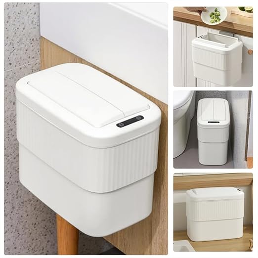 Sensor Hanging Trash Can with Lid 2.5 Gallon,Motion Sensor Garbage Can, Bathroom Trash Cans,Smart Trash Bin,Mountable/Desk for Kitchen Compost Bin,Liveroom,Office,White