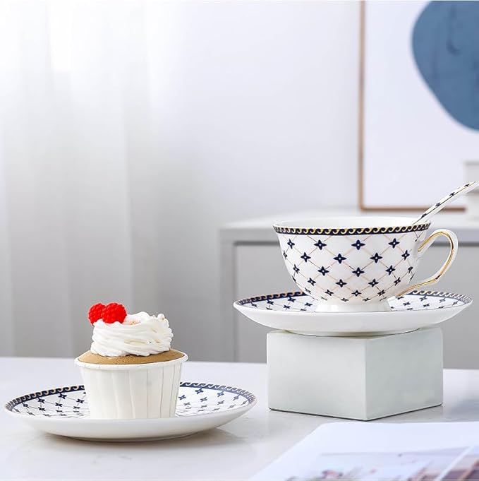Porlien Royal Blue Star-night Porcelain 7-ounce Teacup and Saucer Set with 6-inch Coffee Spoon