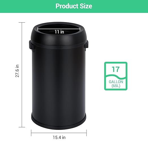 Garvee 17 gal/65 L Trash Can, Fingerprint-Proof Stainless Steel Open Top Garbage Can, Heavy Duty Commercial Round Trash Bin for Restaurant, Home, Office, Black
