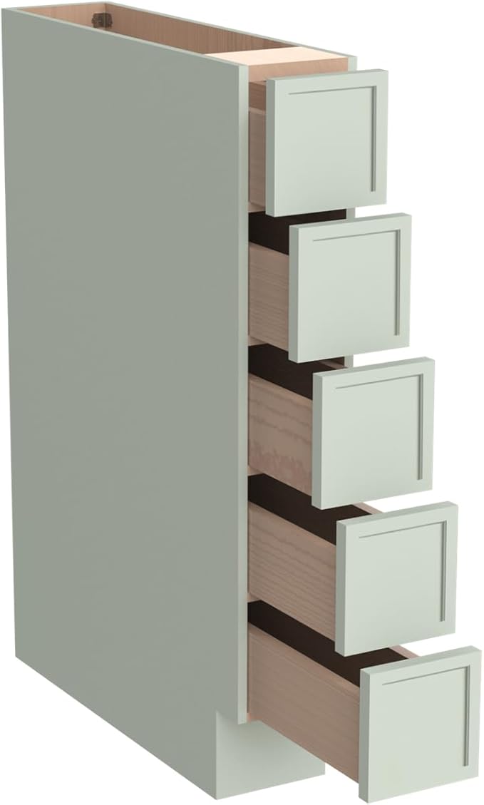 Solid Wood 5-Drawer Spice Cabinet for Kitchen, Soft Close Drawer Glides, Freestanding Storage Organizer, Fits 6" Base Cabinets, Natural Birch Wood (NT-Jade Green, 6" W x 24" D x 34.5" H)