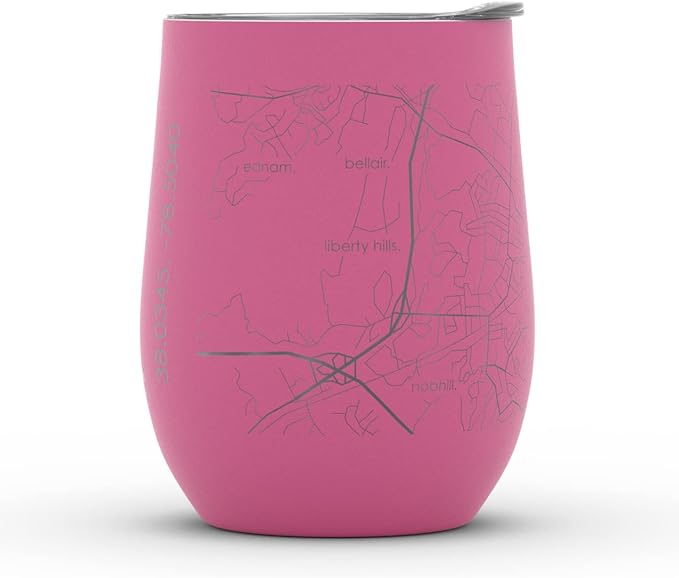 Well Told Engraved Charlottesville Virginia Map Insulated Wine Tumbler, Etched Stainless Steel Cup (12 oz, Sunset Pink) City Map Insulated Tumbler, Custom Insulated Tumbler, Outdoor Drinkware