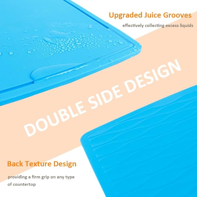 Liflicon Thick Silicone Cutting Board 12.6'' x 9.1'' Foldable & Flexible Design Juice Grooves Easy Grip Handle Dishwasher Safe-Blue