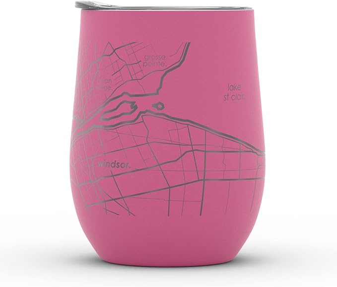 Well Told Engraved Detroit Michigan Map Insulated Wine Tumbler, Etched Stainless Steel Cup (12 oz, Sunset Pink) City Map Insulated Tumbler, Custom Insulated Tumbler, Outdoor Drinkware