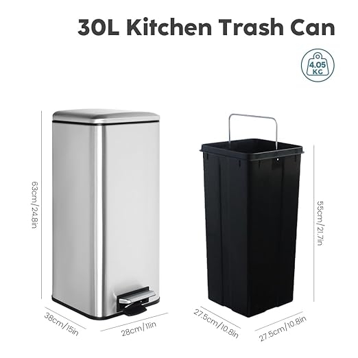 8-Gallon Trash Can, 30 Liter Stainless Steel Garbage Can, Round Trash Can with Lid, Slim Garbage can Featuring a Removable Inner Liner (Silver, 30L-Square)