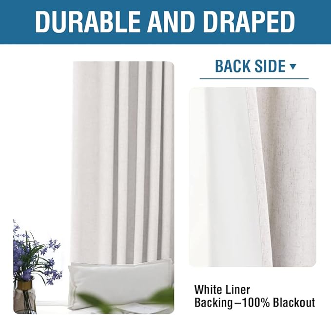 H.VERSAILTEX 100% Blackout Curtains for Bedroom 84 Inches Long Grommet Linen Face Full Light Blocking Curtain Drapes for Living Room Thermal Insulated Linen Look Curtains 2 Panels Set, Ivory