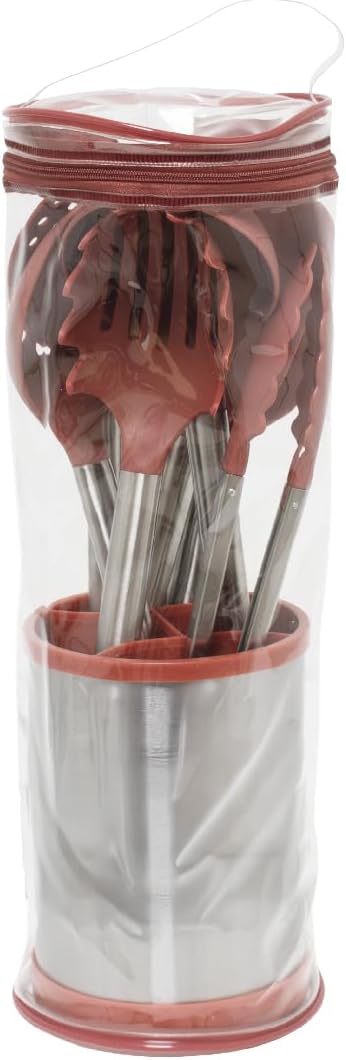 Glad Kitchen Utensils Set, 8pcs - Nonstick Cooking Tools with Stainless Steel Handles & Rotating Utensil Holder - Turners, Ladle, Spoon, Tongs, Spaghetti Server, and Skimmer - Dishwasher Safe, Rust