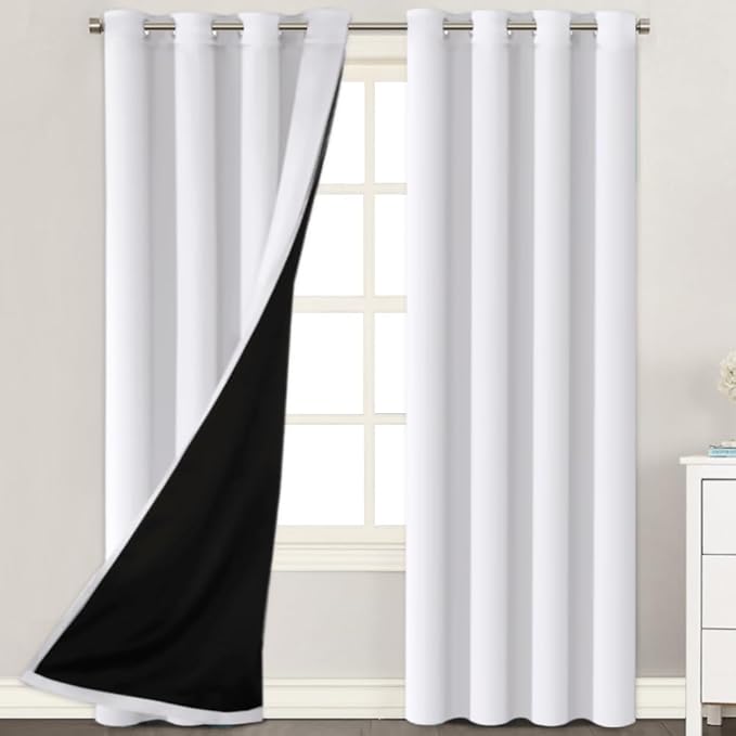 H.VERSAILTEX 100% Blackout Curtains 108 inches Long Light Blocking Drapes Thermal Insulated Curtains for Living Room Noise Reducing Drapes for Bedroom, 2 Panels, White Front with Greyish White Liner