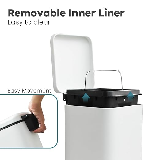8-Gallon Trash Can, 30 Liter Stainless Steel Garbage Can, Round Trash Can with Lid, Slim Garbage can Featuring a Removable Inner Liner (White, 30L-Square)