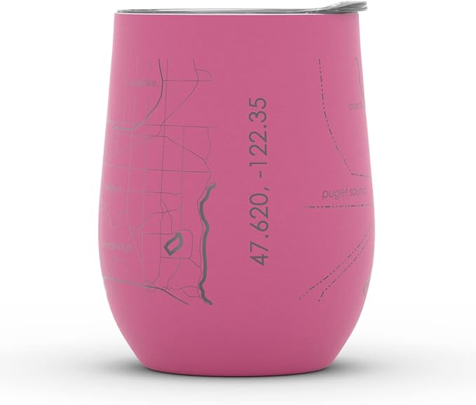 Well Told Engraved Seattle Washington Map Insulated Wine Tumbler, Etched Stainless Steel Cup (12 oz, Sunset Pink) City Map Insulated Tumbler, Custom Insulated Tumbler, Outdoor Drinkware