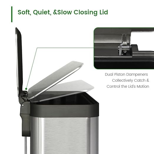 13 Gallon Step Trash Can, Large Capacity Kitchen Garbage Can, Tall Stainless Steel Liner Free Garbage Bin, Rectangular Metal Trash Can with Soft Closed&Stay Open Lid, 50 Liter