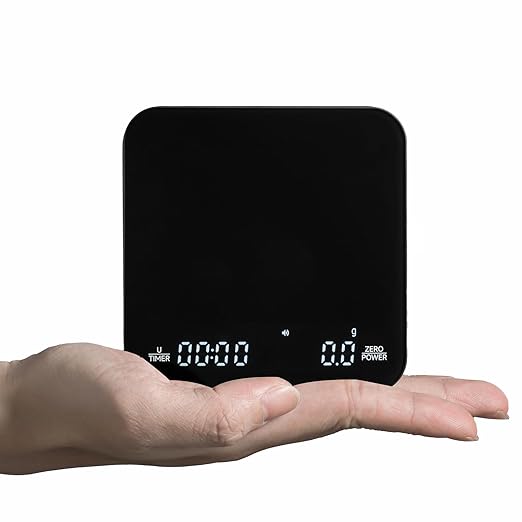 KitchenTour CaféMetric Coffee Scale with Timer 0.1g/2000g - Precision Scale for Espresso & Pour Over - Water Flow Speed Mode and Coffee Powder-to-Liquid Ratio Mode - Rechargeable, LED Display - Black