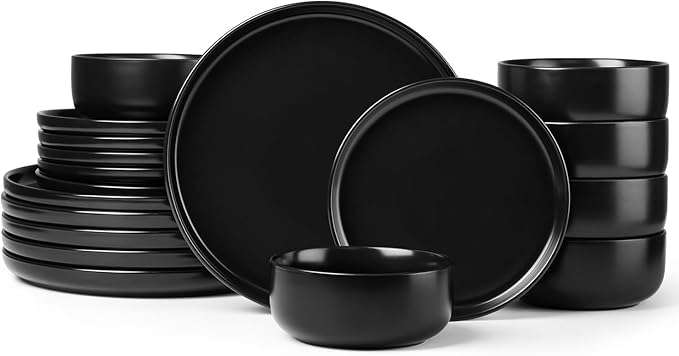 Herogo 18 Pieces Stoneware Dinnerware Sets Service for 6, Dinner Plates and Bowls Sets, Double Reactive Glaze Dishes Set for Kitchen, Scratch Resistant, Microwave & Dishwasher Safe, Matte Black