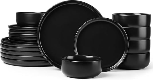 Herogo 18 Pieces Stoneware Dinnerware Sets Service for 6, Dinner Plates and Bowls Sets, Double Reactive Glaze Dishes Set for Kitchen, Scratch Resistant, Microwave & Dishwasher Safe, Matte Black