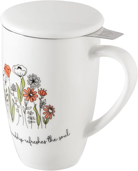 Sweejar Porcelain Tea Infuser Mug with Lid, 16 oz Teacup with Strainers for Loose Leaf Tea, Microwave and Dishwasher Safe Coffee Mug(Wild Meadow)