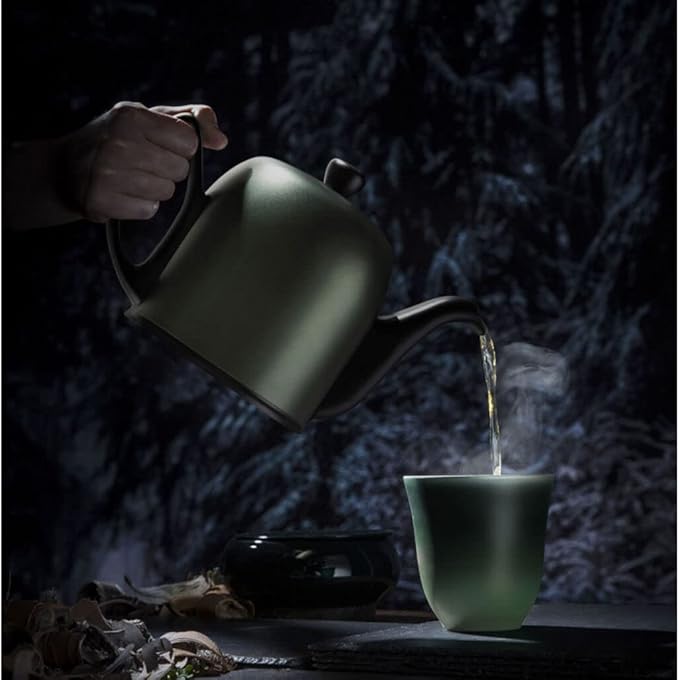 Degrenne Salam Luxury French Tea Pot - Porcelain Teapot with Emerald Aluminum Cover, Ceramic Tea Kettle for Loose Tea, Removable Infuser, 4 Cup Capacity, 24oz - Emerald