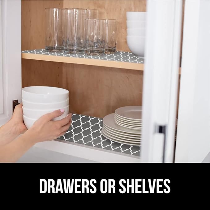 GORILLA GRIP Slip Resistant Drawer and Shelf Liner 2 Pack, Non Adhesive Water Resistant, Easy Clean and Trim, Smooth Surface Liners for Kitchen Cabinet Shelves Drawers Pantry 20 IN x 20 FT, White Gray