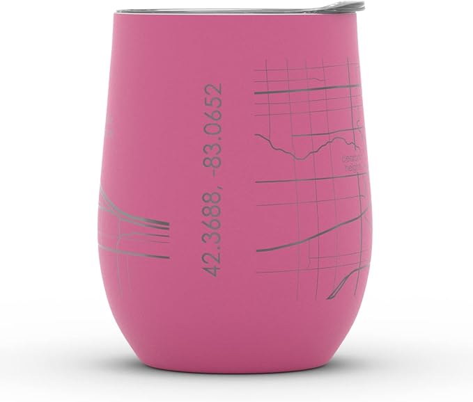Well Told Engraved Detroit Michigan Map Insulated Wine Tumbler, Etched Stainless Steel Cup (12 oz, Sunset Pink) City Map Insulated Tumbler, Custom Insulated Tumbler, Outdoor Drinkware