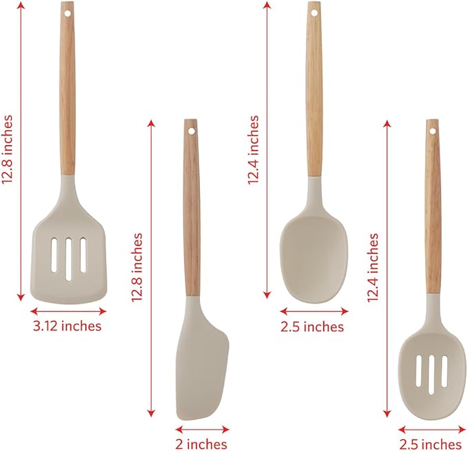 Glad Silicone Kitchen Utensils Set, 8pcs - Nonstick Cooking Tools with Wooden Handles and Utensil Holder - Spatula Set with Turner, Ladle, Spoons, Tongs, and Spaghetti Server - Beige