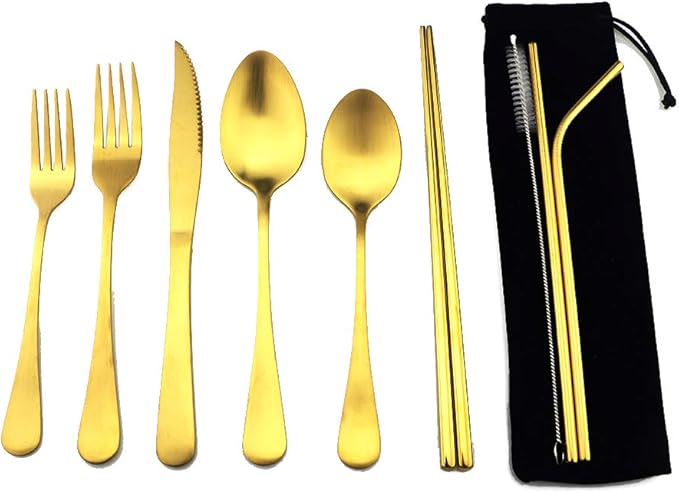 Gold Reusable Utensils with Case Camping Travel Silverware Set,Portable Stainless Steel Cutlery Set - Matte Flatware Set Knife Fork Spoon Mirror Straws Chopsticks - for Office Lunch, Hiking, School