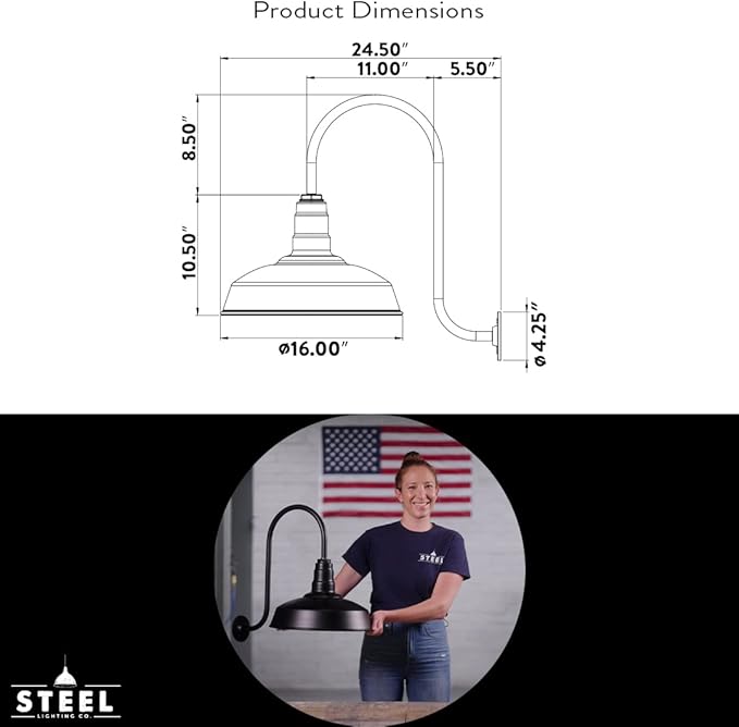 Steel Lighting Co. | Dusk to Dawn | Gardena Barn Light | Outdoor Wall Mounted | 16" Dome | Upslope Gooseneck | Farmhouse Light Made in America | Matte Black Exterior/Brass Interior