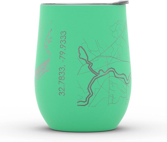 Well Told Engraved Charleston South Carolina Map Insulated Wine Tumbler, Etched Stainless Steel Cup (12 oz, Sunday Green) City Map Insulated Tumbler, Custom Insulated Tumbler, Outdoor Drinkware