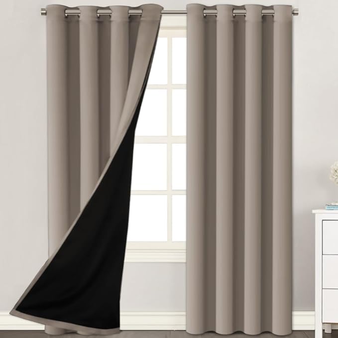 H.VERSAILTEX 100% Blackout Curtains for Windows, Pack of 2, W52 x L108, Super Heavy-Duty Black Lined Total Darkness Drapes for Bedroom, Privacy Assured Window Treatment for Patio, Khaki