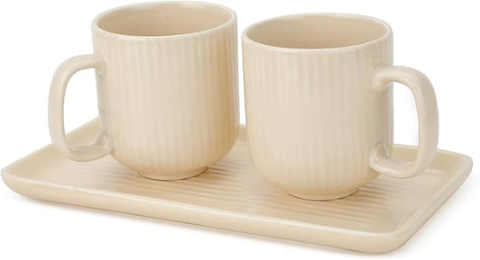 Ceramic Coffee Mugs with Handle Set – 2-Piece 11 Oz Ceramic Coffee Cups & 9" Tray, Handmade Ivory Color, Microwave Safe Gift Set for Tea Lovers, Home Kitchen Décor