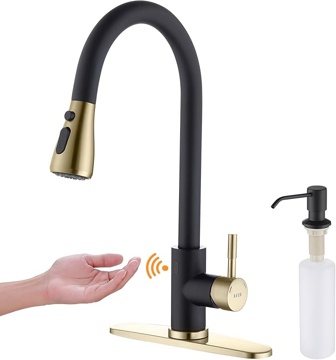Touchless Kitchen Faucet with Pull Down Sprayer, Motion Sensor Kitchen Faucet with Kitchen Soap Dispenser, Single Handle High Arc Pull Out Faucet for Kitchen Sink,Black and Polished Chrome