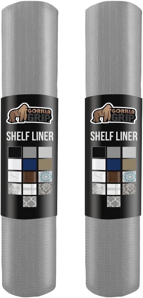GORILLA GRIP Slip Resistant Drawer and Shelf Liner 2 Pack, Non Adhesive Water Resistant, Easy Clean and Trim, Smooth Surface Liners for Kitchen Cabinet, Shelves, Drawers, Pantry, 12 in x 20 FT, Gray