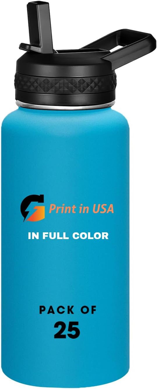 Personalized Custom Print in USA Water Bottle 25Pcs 32oz Stainless Steel Double Wall Coffee Cup with Lid & Straw Insulated Tumbler with Colorful Text Logo Photo