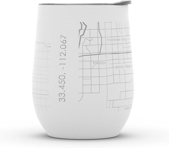 Well Told Engraved Phoenix Arizona Map Insulated Wine Tumbler, Etched Stainless Steel Wine Tumbler (12 oz, White) City Map Insulated Tumbler, Custom Insulated Tumbler, Outdoor Drinkware
