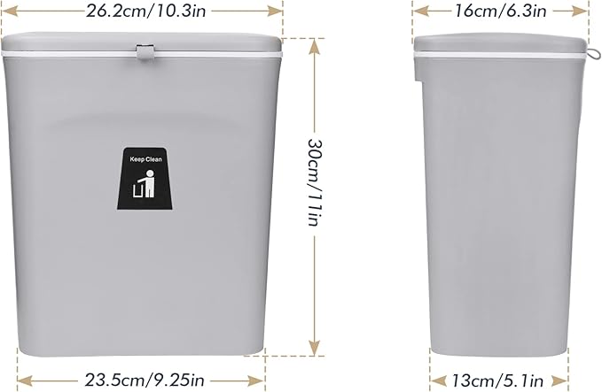 Domiella 2.4 Gallon Hanging Trash Can with Lid, Kitchen Compost Bin for Countertop or Under Sink, Mountable Food Waste Bin with Sealed Lid for Cabinet, Cupboard, Bathroom, or RV (Gray)
