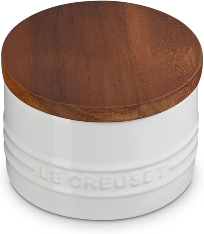 Le Creuset Signature Salt Cellar and Storage Canister with Wood Lid, 7 oz., White