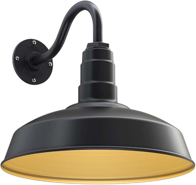Steel Lighting Co. | Dusk to Dawn | Gardena Barn Light | Outdoor Wall Mounted | 16" Dome | 11" Gooseneck | Farmhouse Light Made in America | Matte Black Exterior/Brass Interior