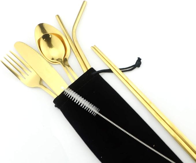 Gugrida Gold Reusable Utensils with Case, Healthy & Eco-Friendly 8 Pieces Portable Stainless Steel Flatware Tableware Dinnerware Set, Portable Travel Camping Cutlery Knife Fork Spoon Straws Set