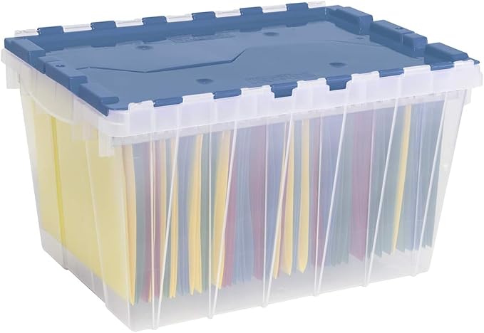 Akro-Mils KeepBox 12 Gallon Storage Container, Nesting and Stackable Plastic Storage Box with Lid Attached and Rails for Letter Size Hanging File Folders, 21" x 15" x 12", Clear/Blue, 6-Pack