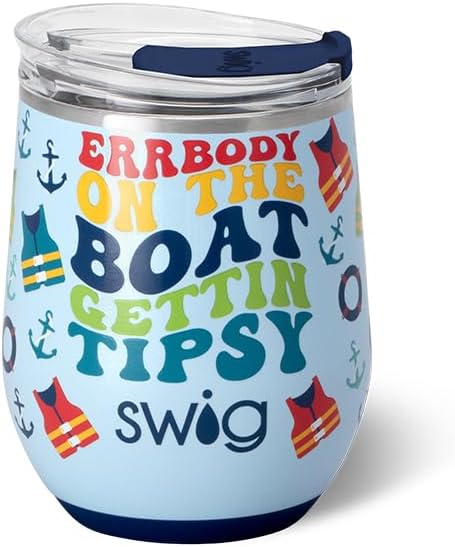 Swig Life 12oz Wine Tumbler with Lid, Stainless Steel, Dishwasher Safe, Portable, Triple Insulated Wine Tumbler (Errbody Boat)
