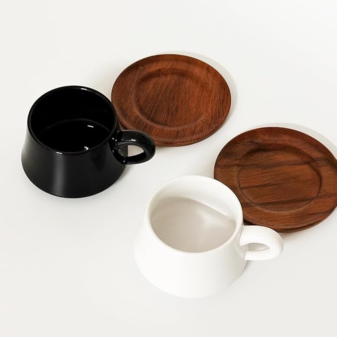 Set of 1 Ceramic Tea White Cup and Wood Saucer - 7 oz Tea Mug - Wide Cappuccino Cup, Coffee Cups for Cappuccino, Latte, Espresso, Americano