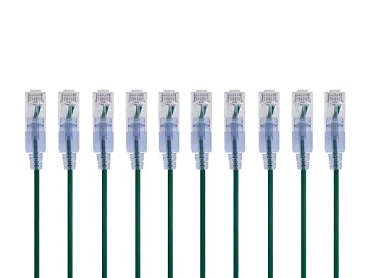 Monoprice Cat6A 2ft Green 10-Pk Patch Cable UTP 30AWG 10G Pure Bare Copper Snagless RJ45 SlimRun Series Ethernet Cable