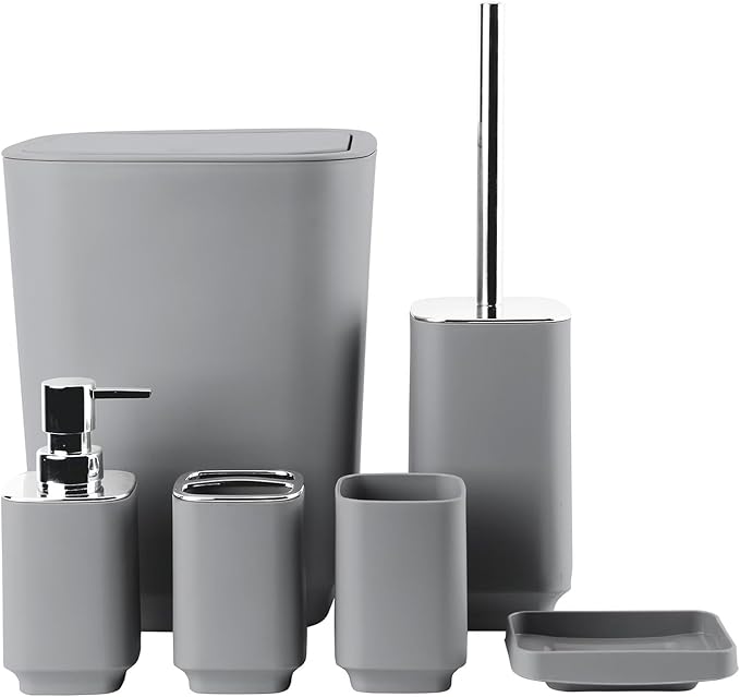 Bathroom Accessory Set 6 Piece Bathroom Accessories Set with Toothbrush Holder&Cup,Soap Dispenser& Dish,Toilet Brush Holder,Trash Can Plastic Gift Set for Bathroom Decorative Countertop（Gray