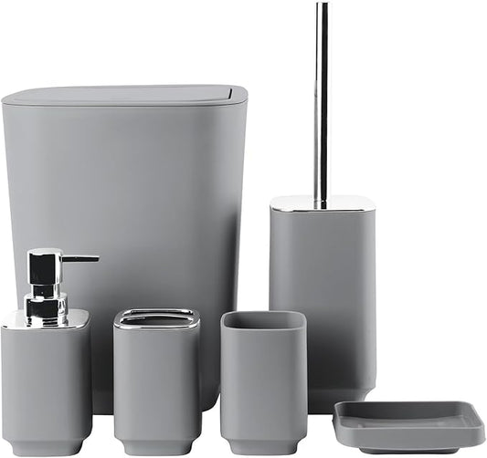 Bathroom Accessory Set 6 Piece Bathroom Accessories Set with Toothbrush Holder&Cup,Soap Dispenser& Dish,Toilet Brush Holder,Trash Can Plastic Gift Set for Bathroom Decorative Countertop（Gray