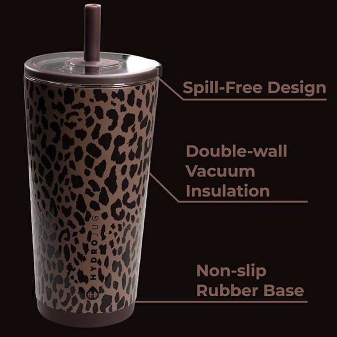 HydroJug Everyday Tumbler 20 oz – Ceramic-Lined Insulated Tumbler with Straw and Soft-Touch Lid, Cup Holder Friendly, Double-Wall Vacuum Insulation, Reusable Travel Cup – Brown Leopard